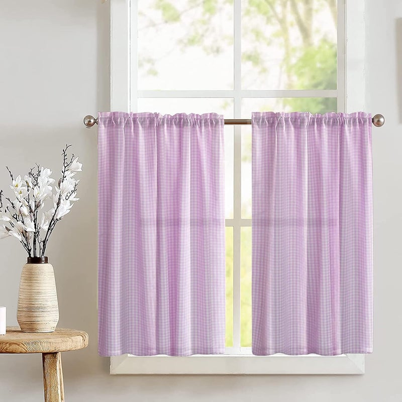 Cotton 1/8inch Gingham Checkered Print Tier Window Valance 2 Piece Set Home Décor Bedroom Nursery Kitchen Window (Pink)